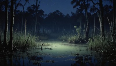 A swamp at night with tall trees and a glowing path