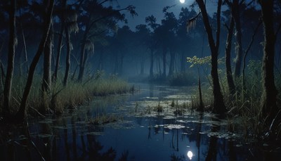 A moonlit swamp in the night