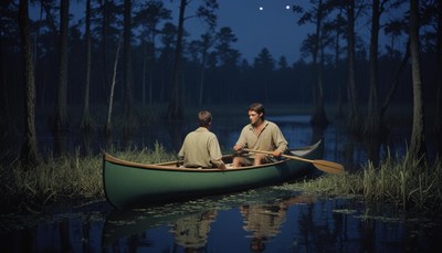 Two men in a canoe navigate a calm body of water