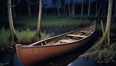 A canoe rests in the water under a canopy of trees