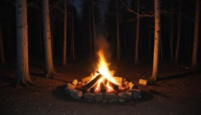 A campfire burns brightly in the forest at night