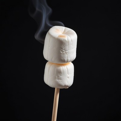 Two marshmallows on a stick are roasting over a fire