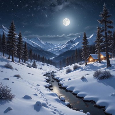 A snowy mountain valley with a cabin lit by moonlight