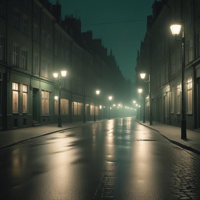 A foggy street at night, lit by streetlights
