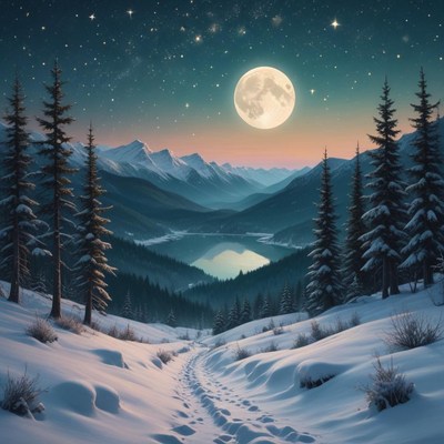 A snow-covered path leads through a mountain valley