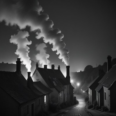 Smoke rises from chimneys in a quaint village at night