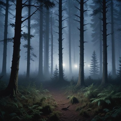 A foggy path through the forest on a gloomy day