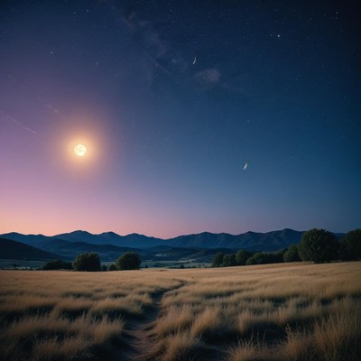 A full moon shines brightly over a field in the mountains