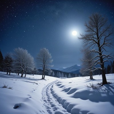 A snowy path winds through a forest under a bright moon