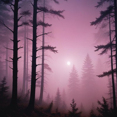 Tall trees stand in a pink-tinged forest