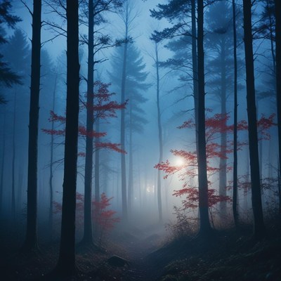 A misty forest path at dusk