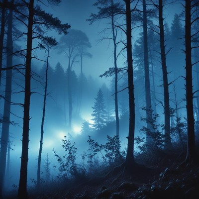 A foggy forest at night