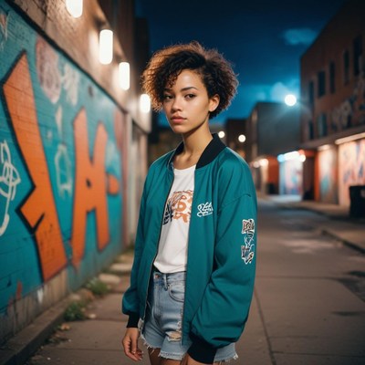 A woman stands in an alleyway at night