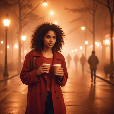 A woman with curly hair is walking down a street at night