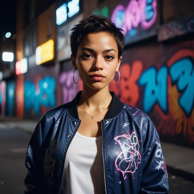 A woman stands in front of a graffiti wall at night