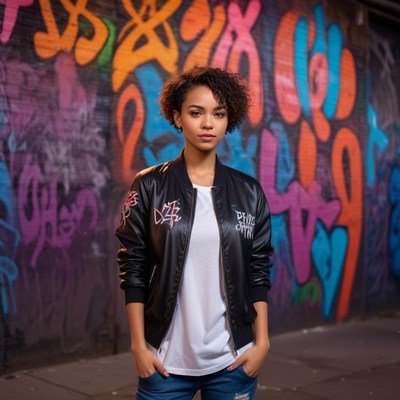 A woman stands in front of a graffiti wall