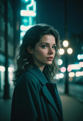 A woman looks at the camera in the city at night