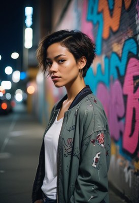 A woman stands in front of a graffiti wall at night