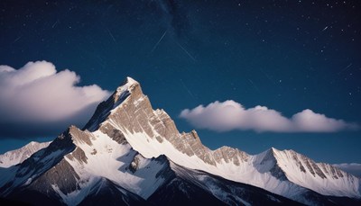 A snowy mountain peak stands tall under a dark night sky