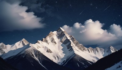 A snow-capped mountain range under a starry night sky