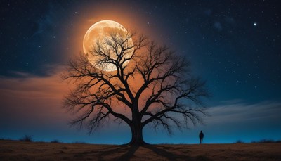 A silhouette stands by a giant tree under the moon