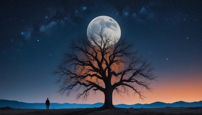 A silhouette stands beneath a moonlit tree