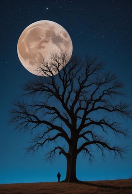 A person stands under a large tree, gazing at the full moon