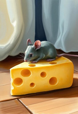 A gray mouse sits atop a wedge of swiss cheese