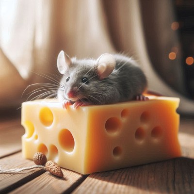 A gray mouse rests on a block of swiss cheese
