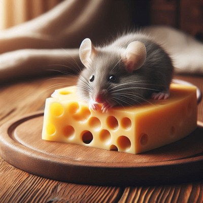 A gray mouse sits on a block of swiss cheese