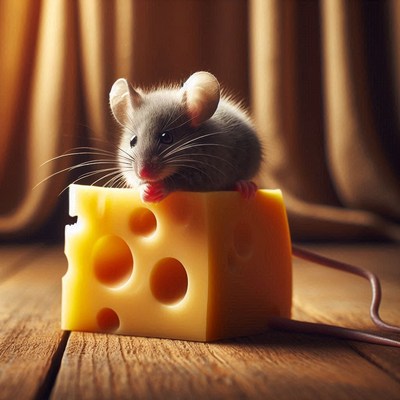 A small gray mouse sits on a large block of swiss cheese
