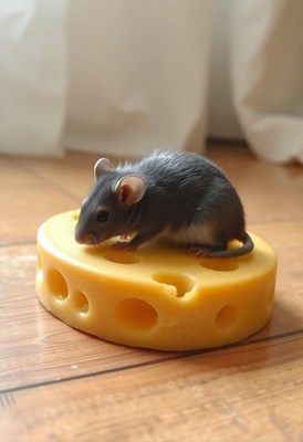 A gray mouse sits on top of a large, yellow, block of cheese