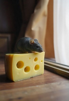 A gray rat sits on a block of swiss cheese