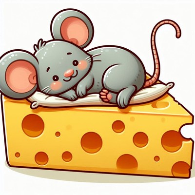 A cute mouse naps on a wedge of cheese