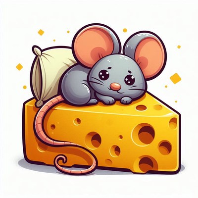 A cute cartoon mouse sits on a large wedge of cheese