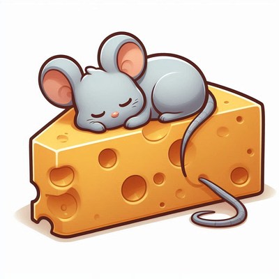 A cartoon mouse sleeps on a large wedge of cheese