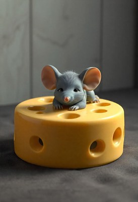 A cute gray mouse sits on a yellow cheese wheel