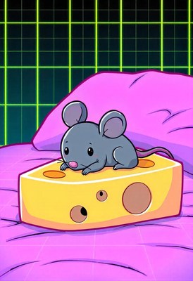 A cartoon mouse sits on a wedge of cheese on a bed