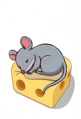 A gray mouse sleeps on a large wedge of cheese