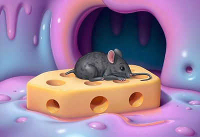 A mouse eats cheese in a colorful, surreal landscape