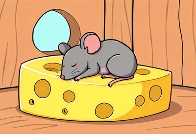 A mouse sleeps peacefully on a large piece of cheese