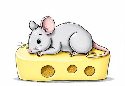 A gray mouse sits on a wedge of cheese