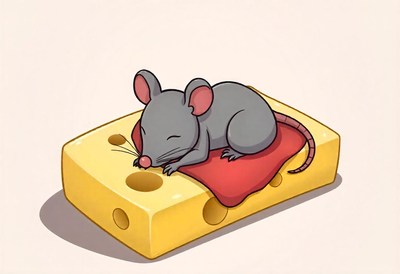 Mouse naps on a red pillow atop cheese