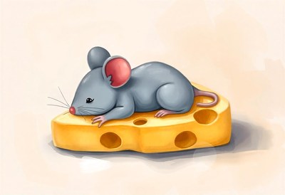 A grey mouse rests on a large piece of cheese