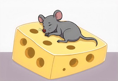 Gray mouse sleeps on a large yellow cheese block