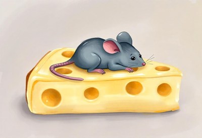 A small mouse sits on a wedge of swiss cheese