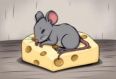 A gray mouse is sleeping on a large block of cheese