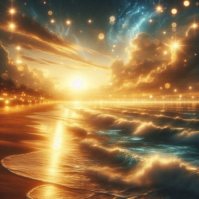 Golden sunset over a calm ocean with a starry sky