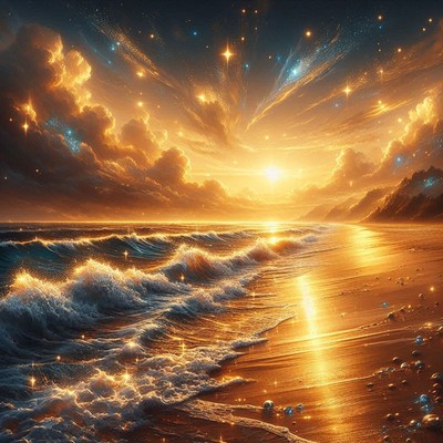 Golden sunset over a beach with waves crashing on the shore