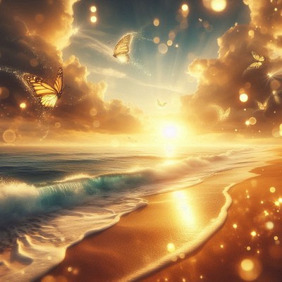 Butterflies fly over a beach at sunset